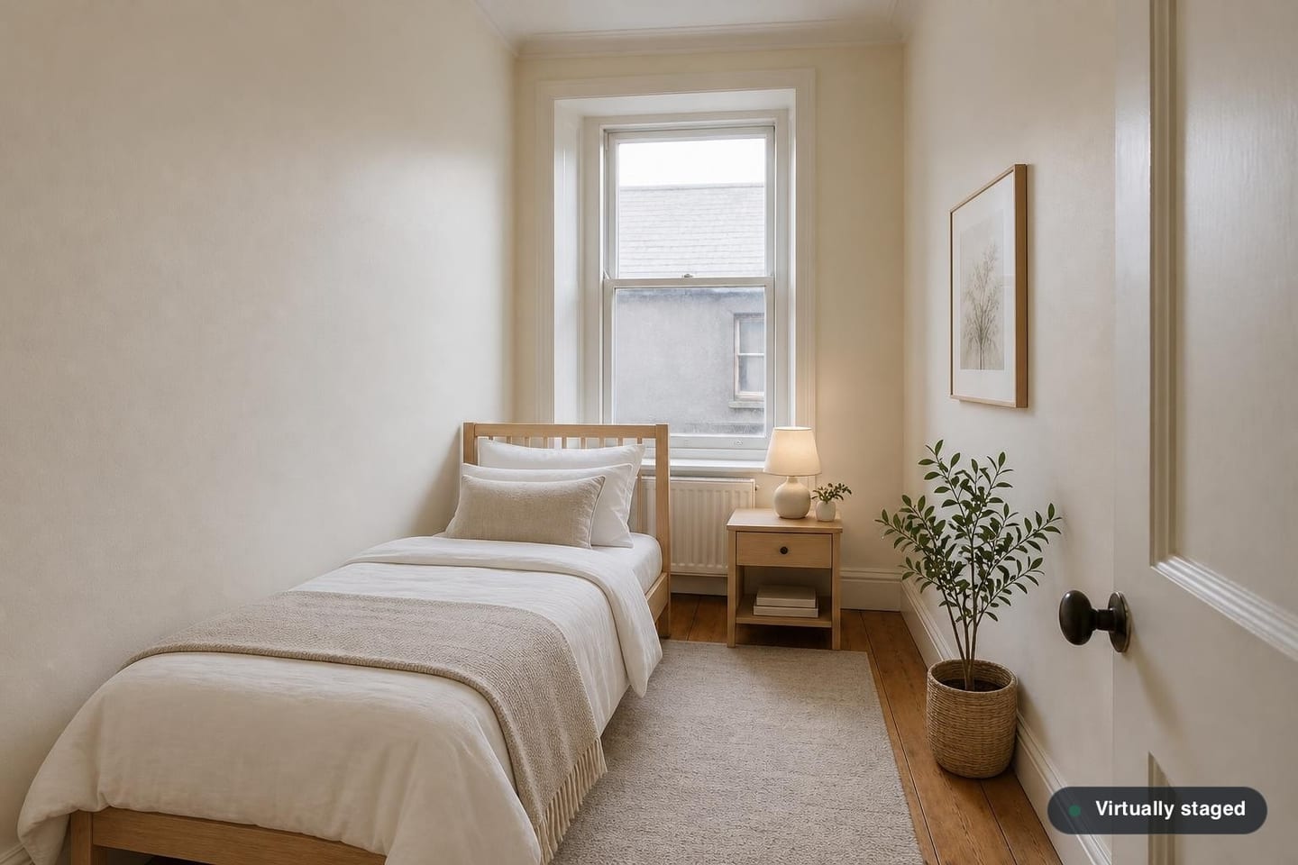 Narrow empty tenement box room with a single sash window, radiator and bare floorboards, shown before and after virtual staging with a single bed, bedside table, runner rug and a framed print — after