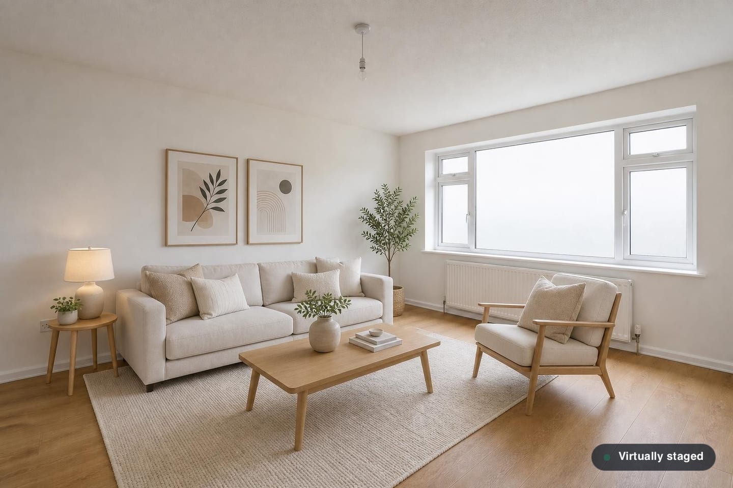 Empty rental living room with a wide casement window, radiator and oak-effect laminate floor, shown before and after virtual staging with a pale sofa, armchair, coffee table and framed prints — after
