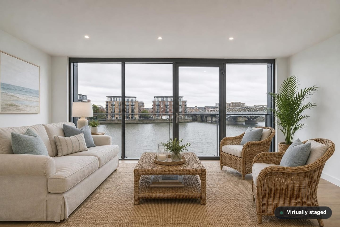 Empty riverside new-build living room with floor-to-ceiling dark-framed glazing onto water, a glass Juliet balcony and oak-effect flooring, shown before and after virtual staging with a linen sofa, rattan armchairs, a woven coffee table and a jute rug — after