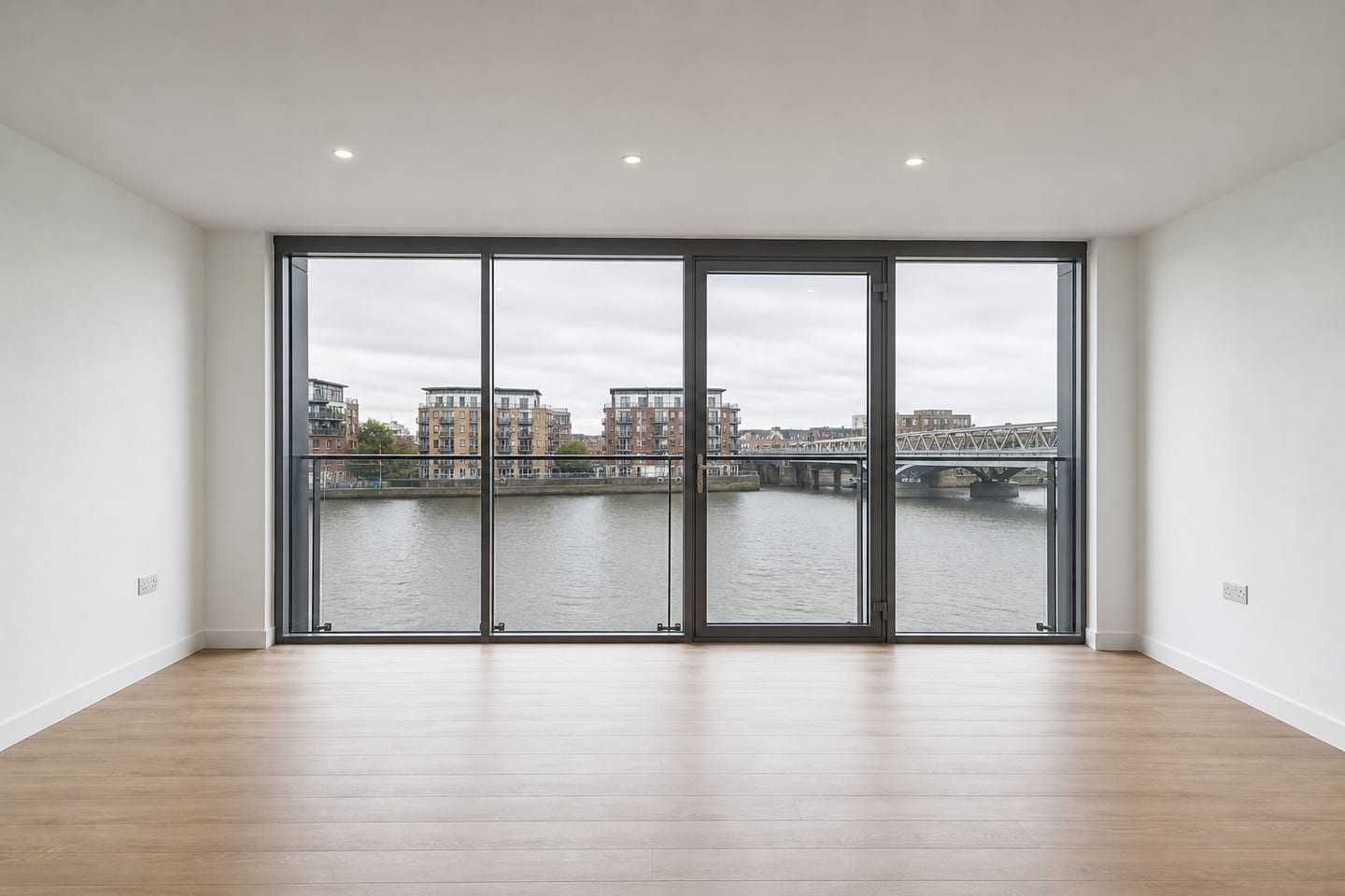 Empty riverside new-build living room with floor-to-ceiling dark-framed glazing onto water, a glass Juliet balcony and oak-effect flooring, shown before and after virtual staging with a linen sofa, rattan armchairs, a woven coffee table and a jute rug — before