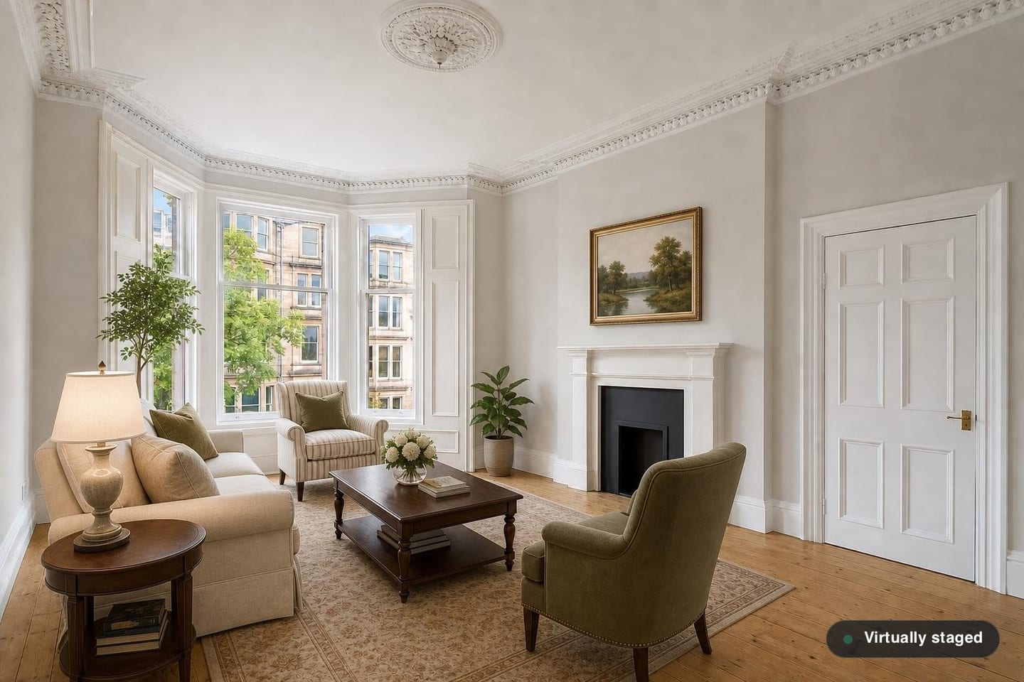 Empty Glasgow West End tenement living room with a three-pane bay window onto blond sandstone tenements, ornate Victorian cornicing, a ceiling rose and stripped pine floorboards, shown before and after virtual staging with a cream sofa, two armchairs, a mahogany coffee table and a patterned rug — after