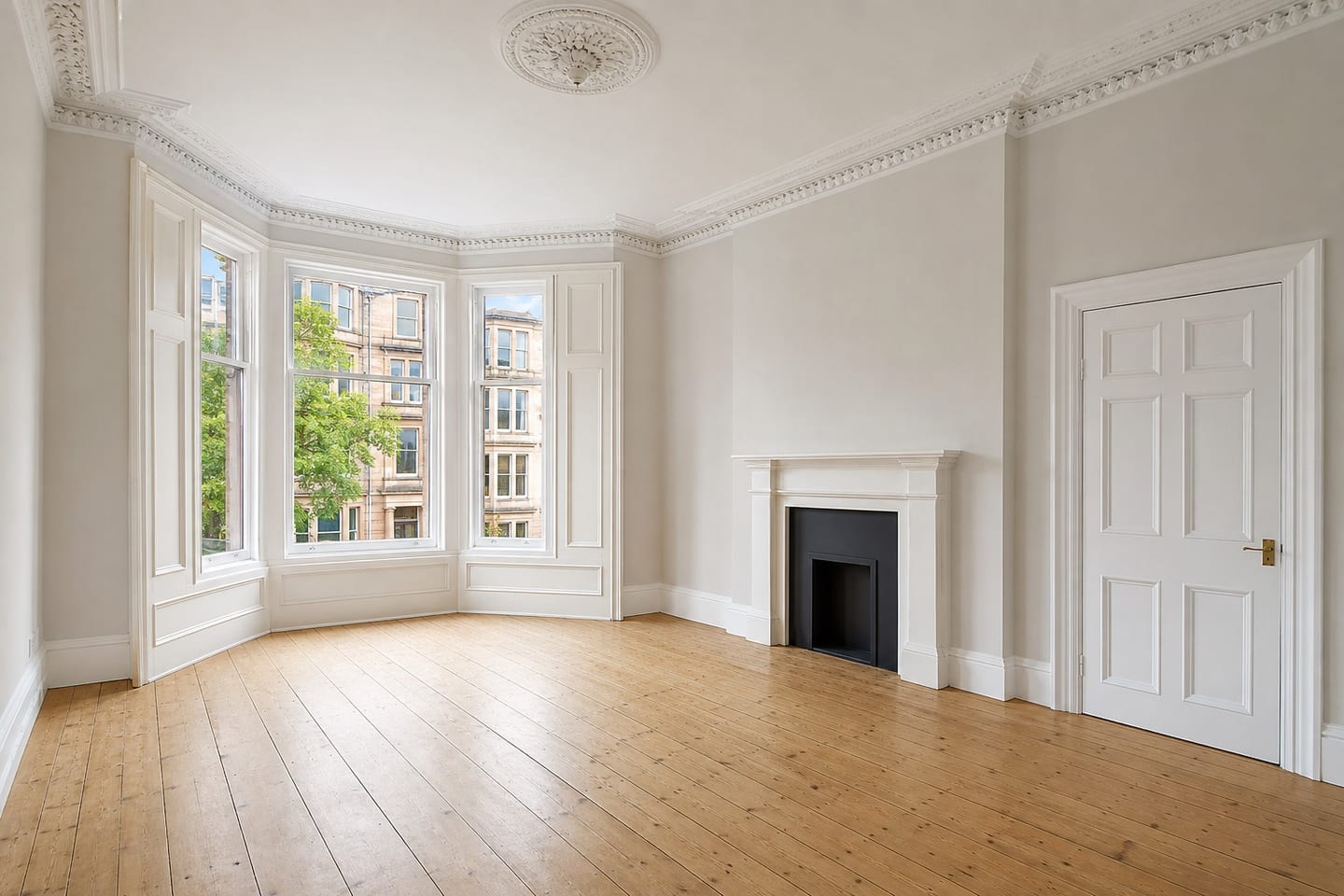 Empty Glasgow West End tenement living room with a three-pane bay window onto blond sandstone tenements, ornate Victorian cornicing, a ceiling rose and stripped pine floorboards, shown before and after virtual staging with a cream sofa, two armchairs, a mahogany coffee table and a patterned rug — before