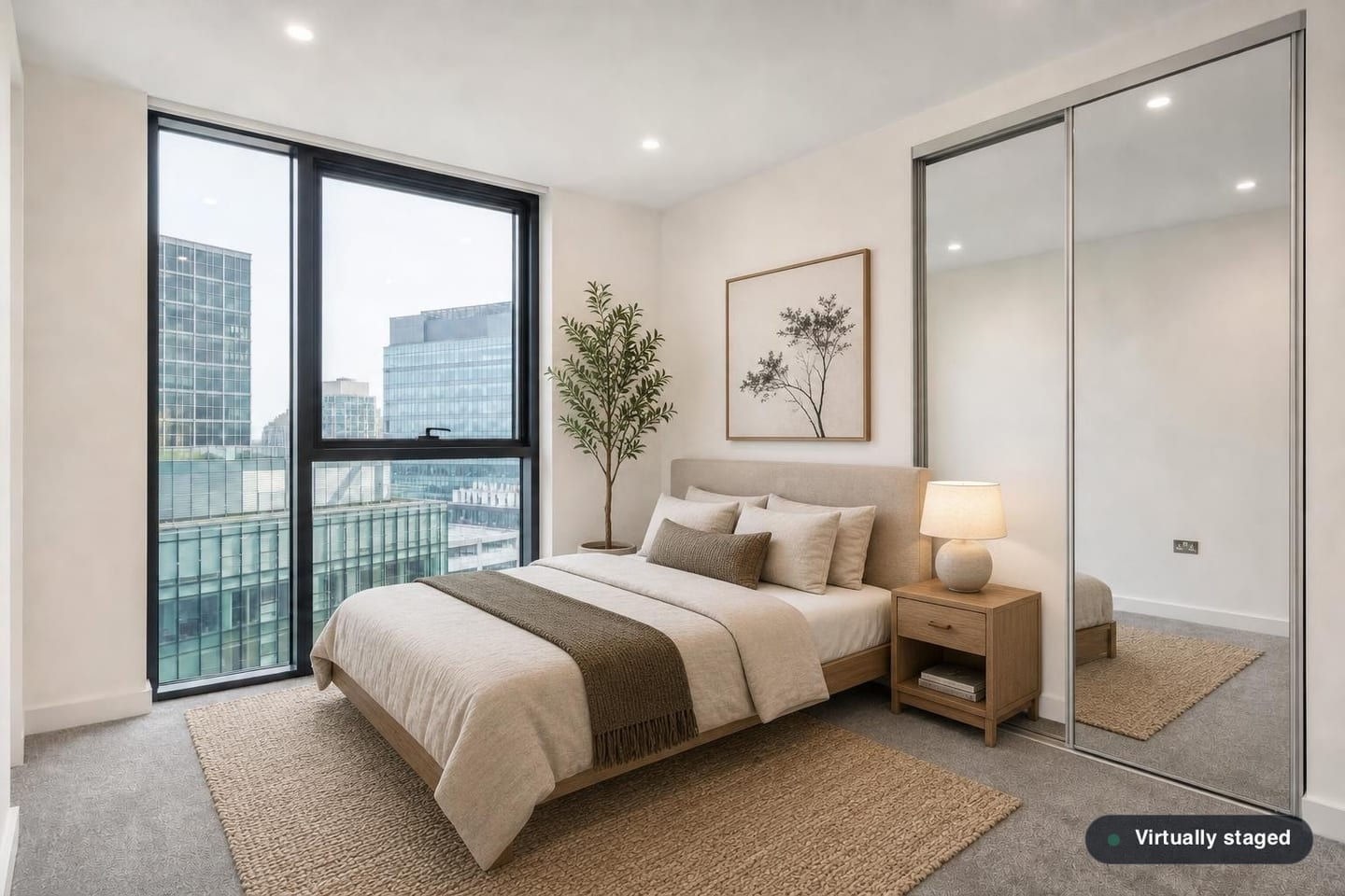 Empty compact London new-build double bedroom with full-height dark-framed glazing onto glass office blocks, a mirrored sliding wardrobe and grey carpet, shown before and after virtual staging with a low upholstered bed, oak nightstand, table lamp and jute rug — after