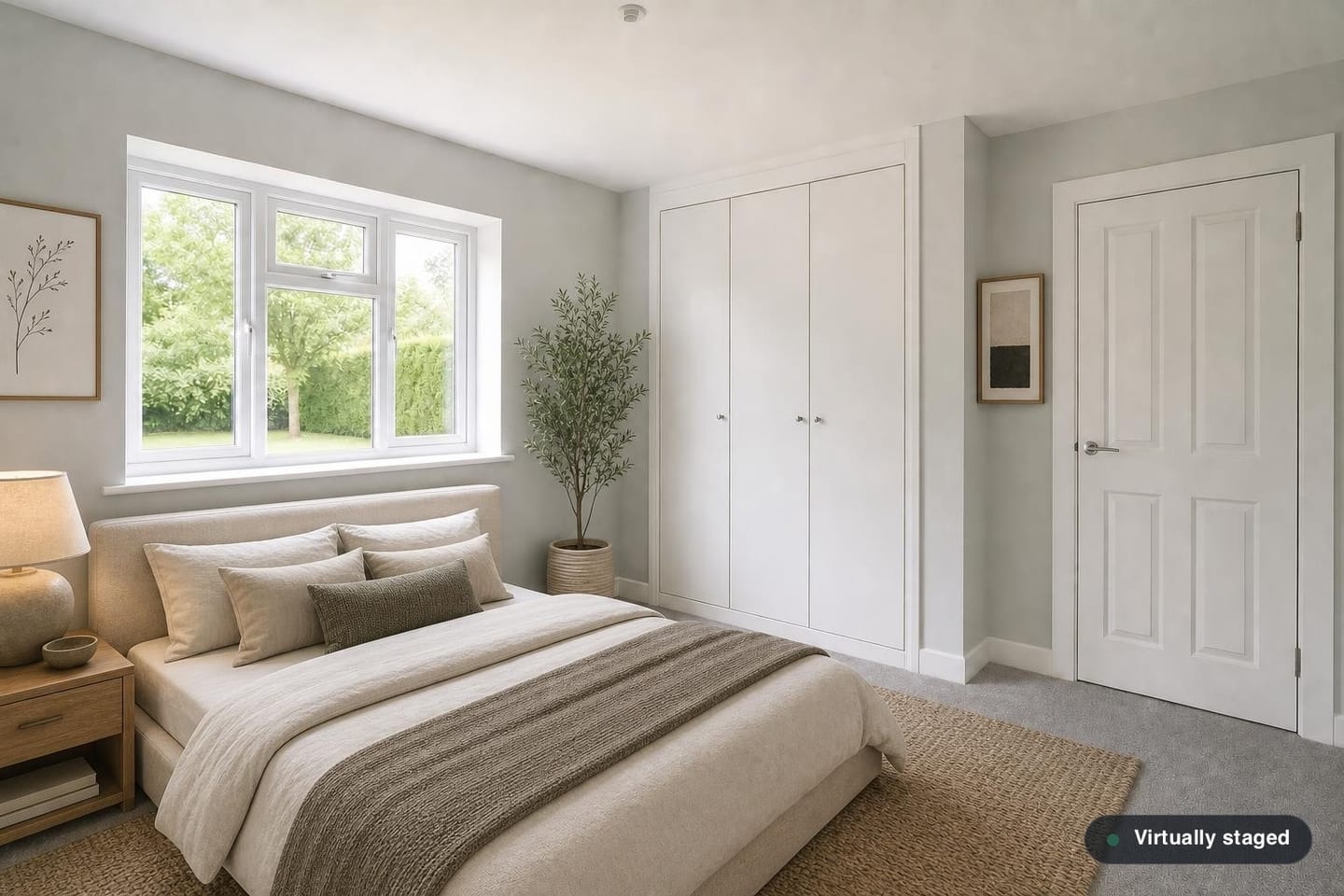 Empty double bedroom with a white casement window onto a garden, a built-in wardrobe and grey carpet, shown before and after virtual staging with a low upholstered bed, timber nightstand, jute rug and olive tree — after