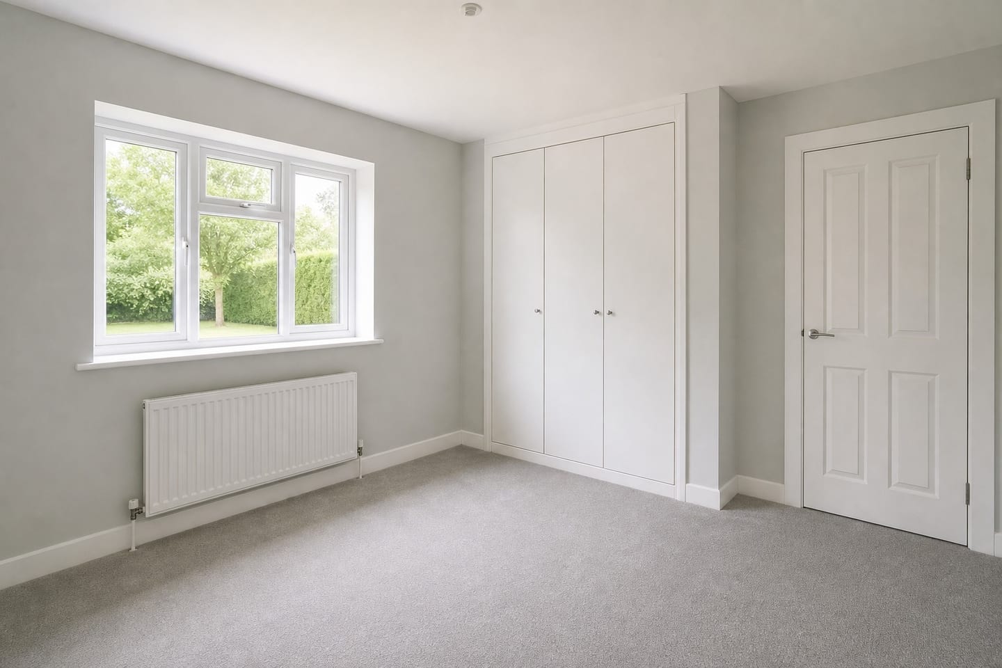 Empty double bedroom with a white casement window onto a garden, a built-in wardrobe and grey carpet, shown before and after virtual staging with a low upholstered bed, timber nightstand, jute rug and olive tree — before