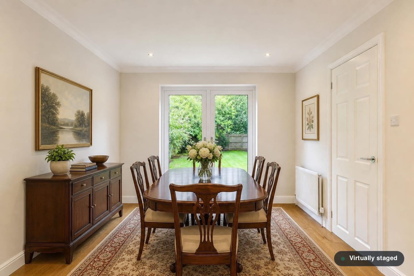 Empty dining room with white-framed French doors onto a garden, a plain cornice and engineered oak flooring, shown before and after virtual staging with a six-seater mahogany table, sideboard and patterned rug — after