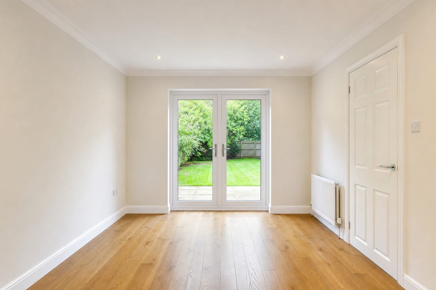 Empty dining room with white-framed French doors onto a garden, a plain cornice and engineered oak flooring, shown before and after virtual staging with a six-seater mahogany table, sideboard and patterned rug — before