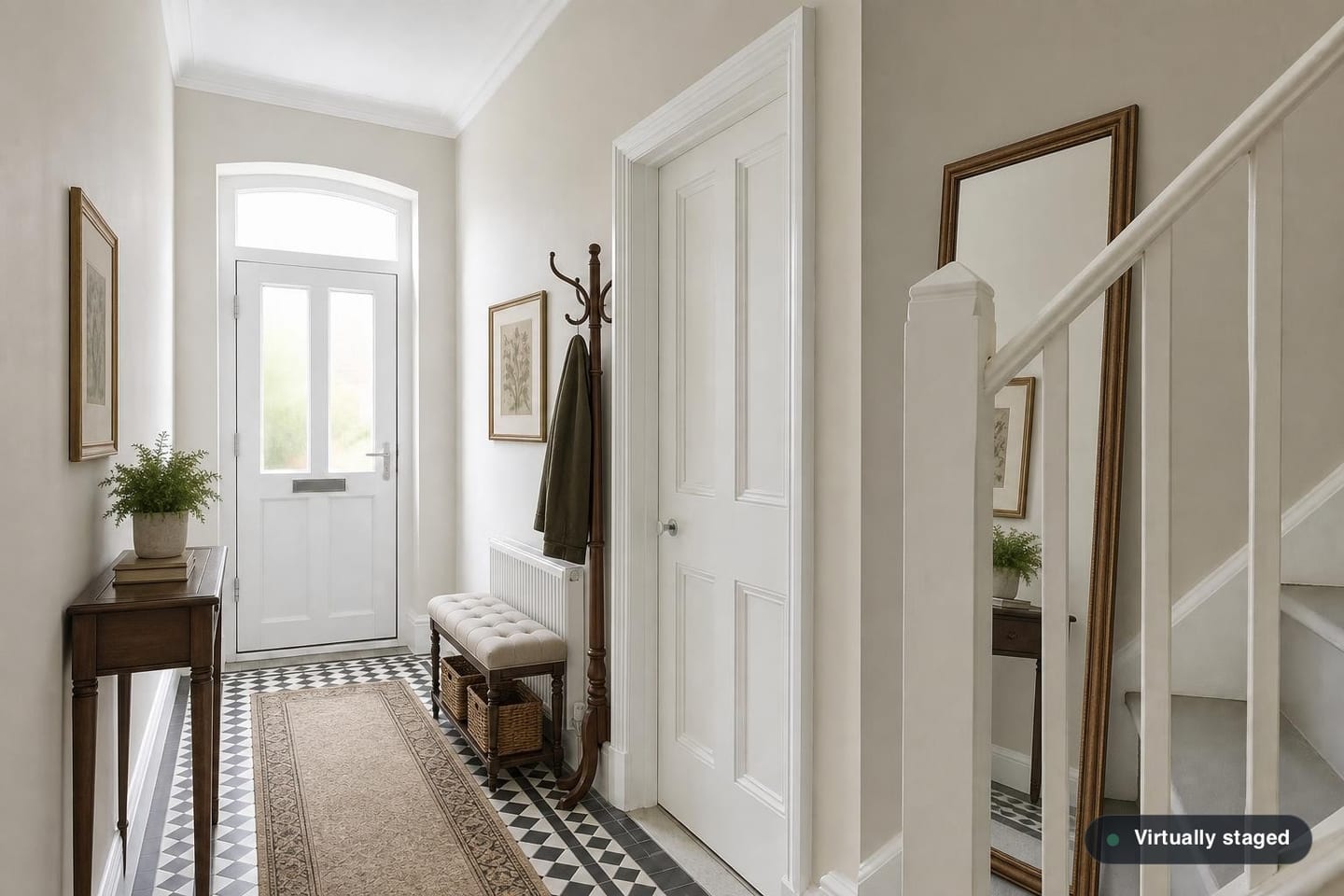 Empty narrow hallway with a part-glazed front door under a fanlight, monochrome geometric floor tiles, a radiator and a painted staircase balustrade, shown before and after virtual staging with a mahogany console, buttoned bench, coat stand, runner and leaning mirror — after