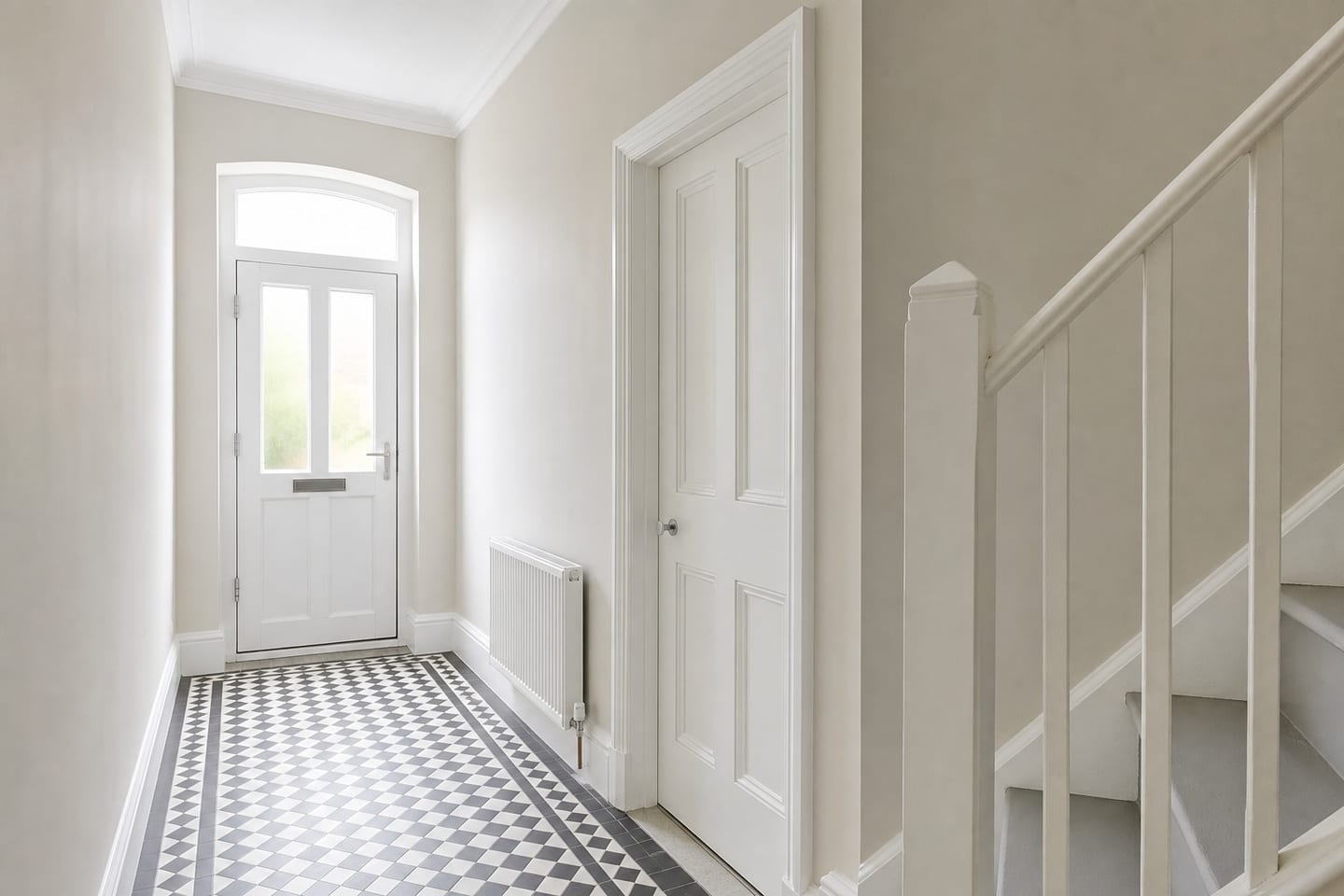 Empty narrow hallway with a part-glazed front door under a fanlight, monochrome geometric floor tiles, a radiator and a painted staircase balustrade, shown before and after virtual staging with a mahogany console, buttoned bench, coat stand, runner and leaning mirror — before