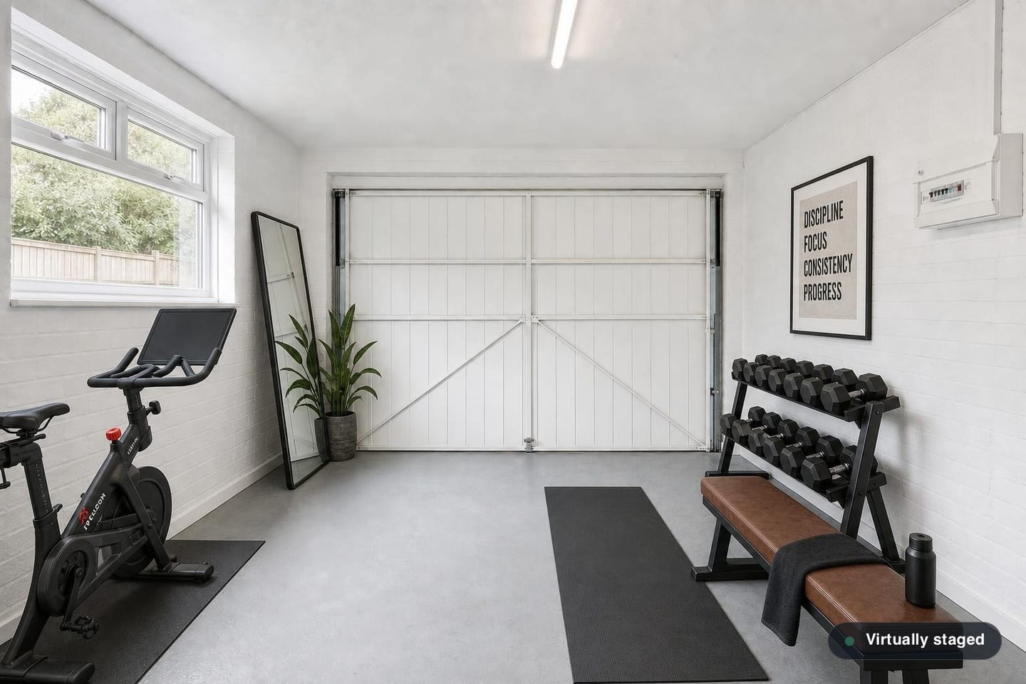 Empty converted garage with painted white blockwork, a boarded up-and-over door, a consumer unit and a bare concrete floor, shown before and after virtual staging with an exercise bike, weight bench, dumbbell rack and a leaning mirror — after