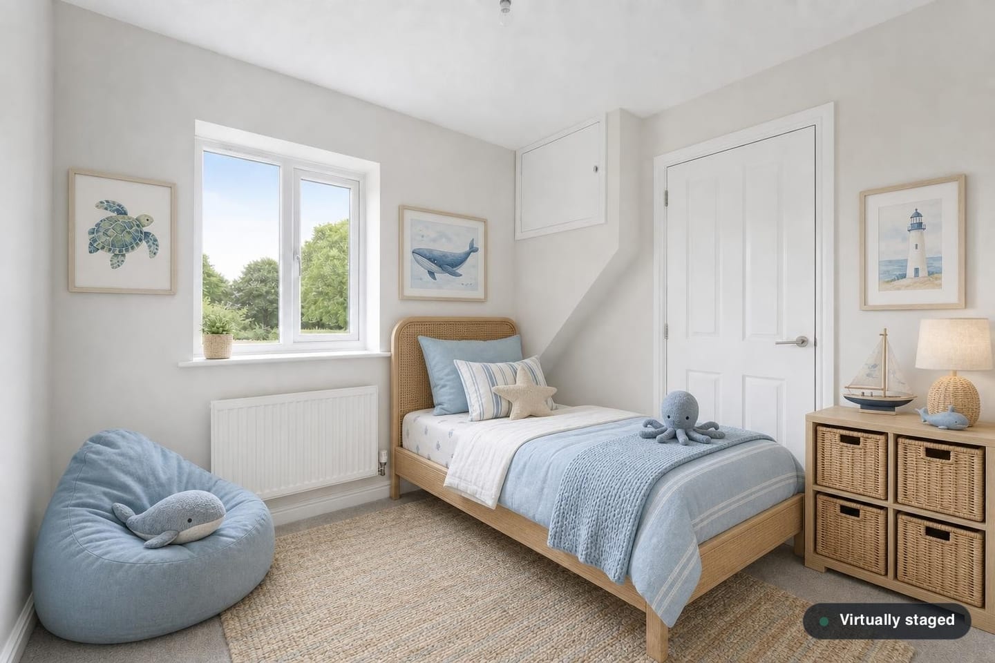 Empty small bedroom with a casement window, radiator and an over-stair bulkhead cupboard, shown before and after virtual staging with a single rattan bed, basket storage unit, jute rug and a blue beanbag — after