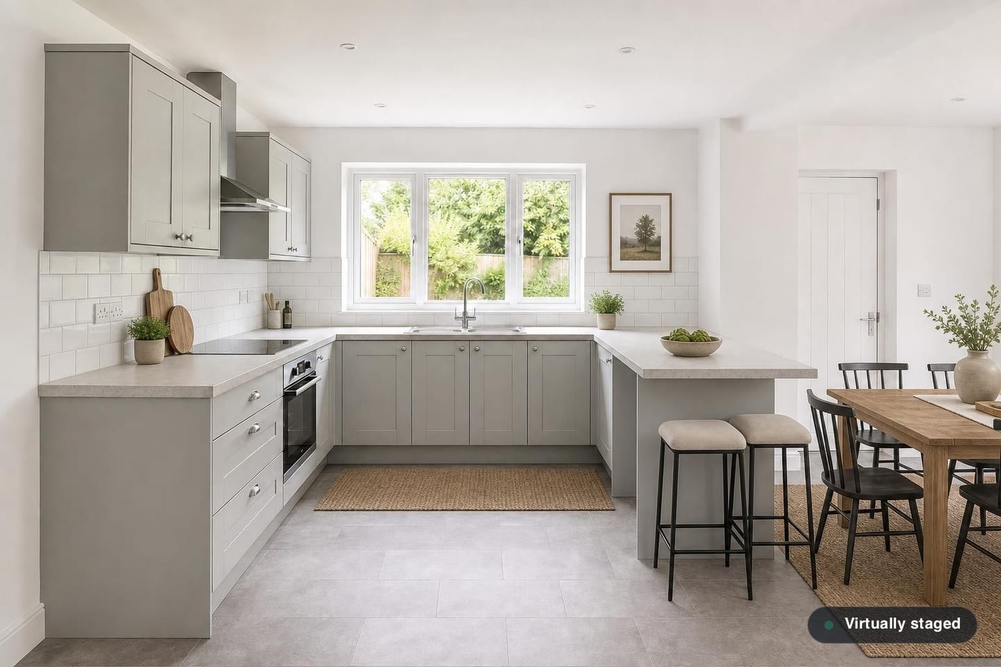 Empty fitted kitchen with shaker units, an integrated oven and hob, a sink under a garden window and subway tile splashback, shown before and after virtual staging with black-framed bar stools, an oak dining table with black chairs and light countertop styling — after