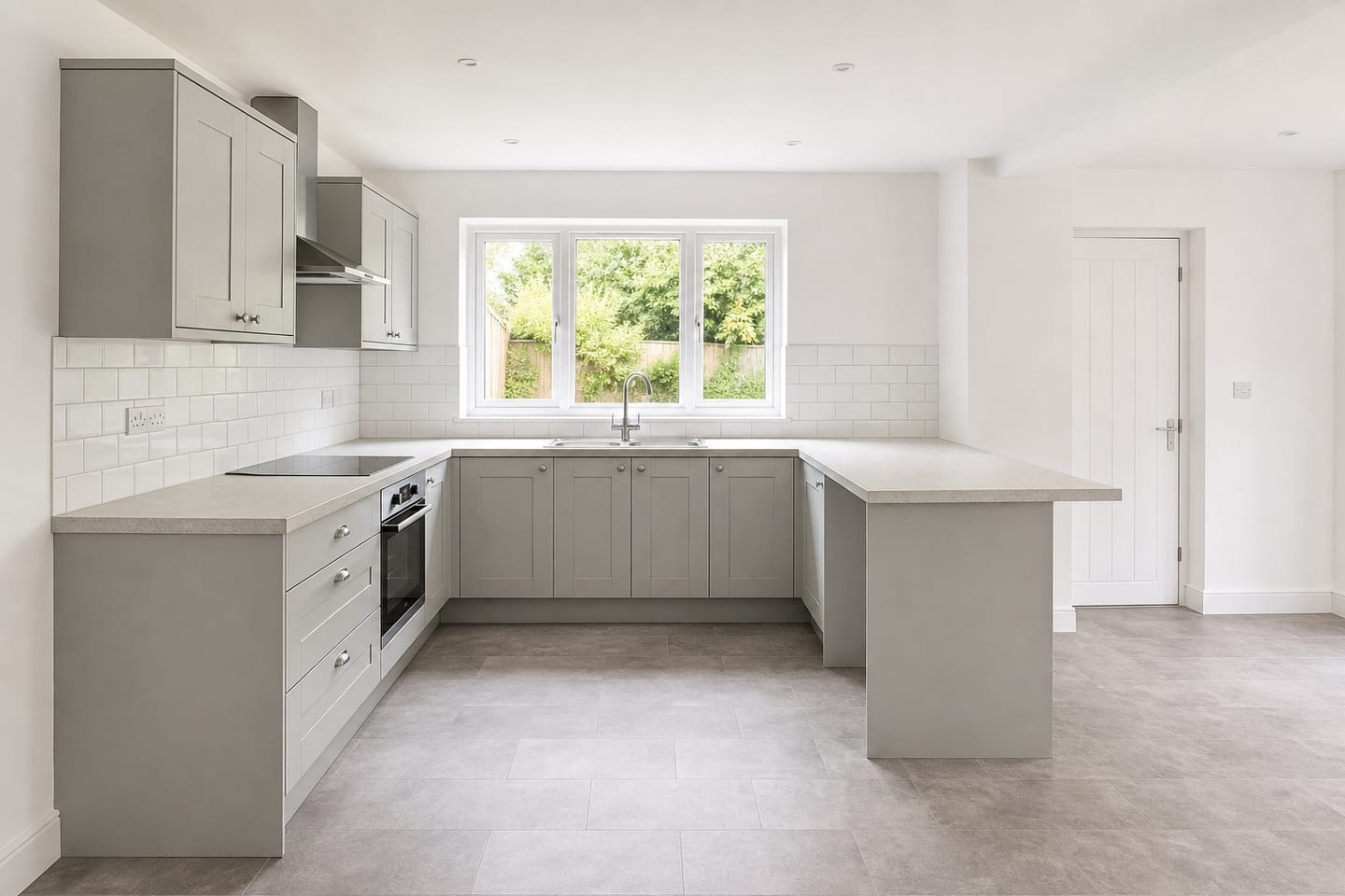 Empty fitted kitchen with shaker units, an integrated oven and hob, a sink under a garden window and subway tile splashback, shown before and after virtual staging with black-framed bar stools, an oak dining table with black chairs and light countertop styling — before