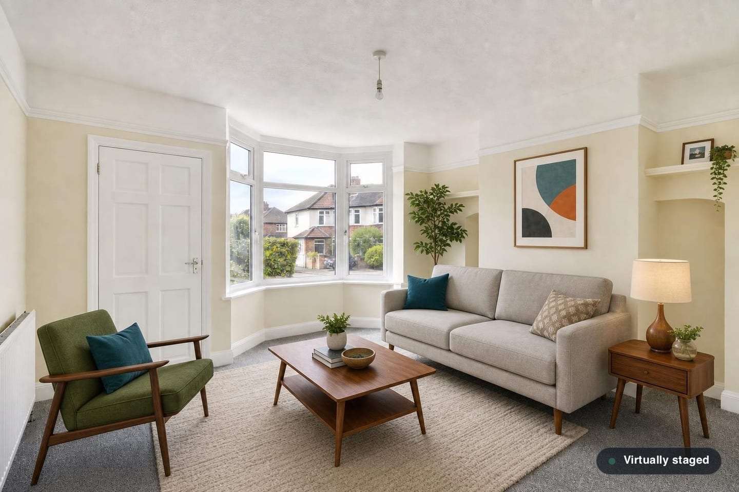 Empty 1930s semi-detached living room with a square bay window, chimney breast, alcove shelves and grey carpet, shown before and after virtual staging with a pale sofa, green armchair, walnut coffee table and side table — after