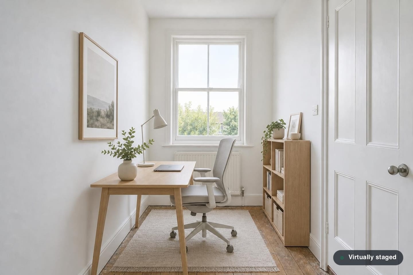 Narrow empty box room with a single sash window, radiator and stripped floorboards, shown before and after virtual staging with an oak desk, ergonomic chair, low bookshelf and a small rug — after
