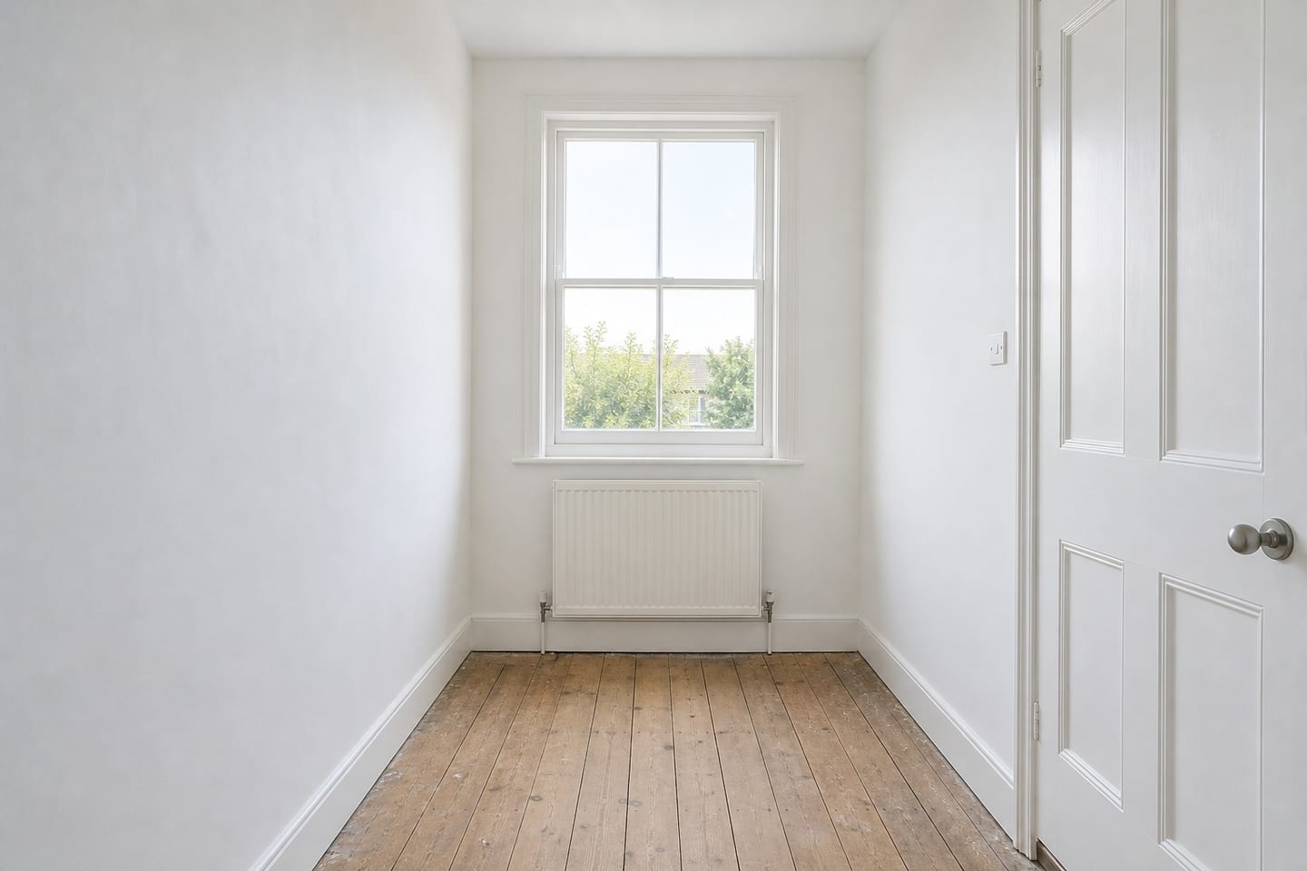 Narrow empty box room with a single sash window, radiator and stripped floorboards, shown before and after virtual staging with an oak desk, ergonomic chair, low bookshelf and a small rug — before
