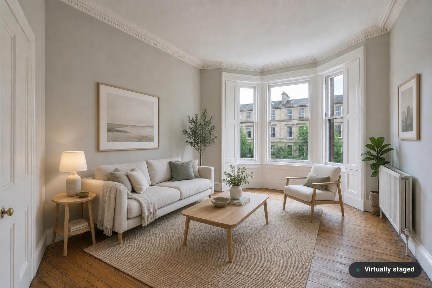 Empty Scottish tenement living room with a three-pane bay window, ornate cornicing and stripped floorboards, shown before and after virtual staging with a pale sofa, armchair and jute rug — after
