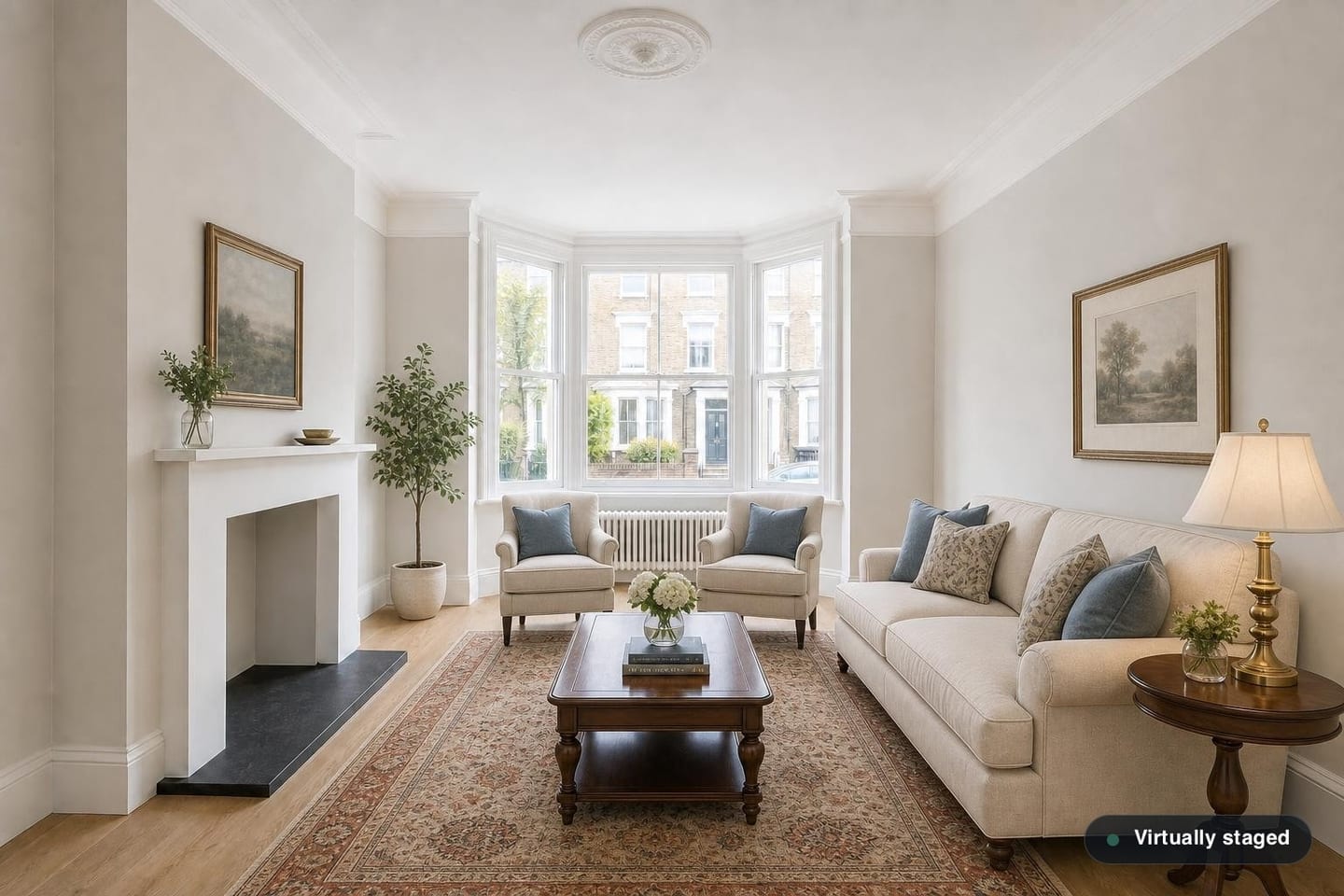 The same empty period living room, shown before and after virtual staging in a Classic Traditional scheme with a rolled-arm sofa, a symmetrical pair of armchairs in the bay, a patterned rug and gilt-framed paintings — after