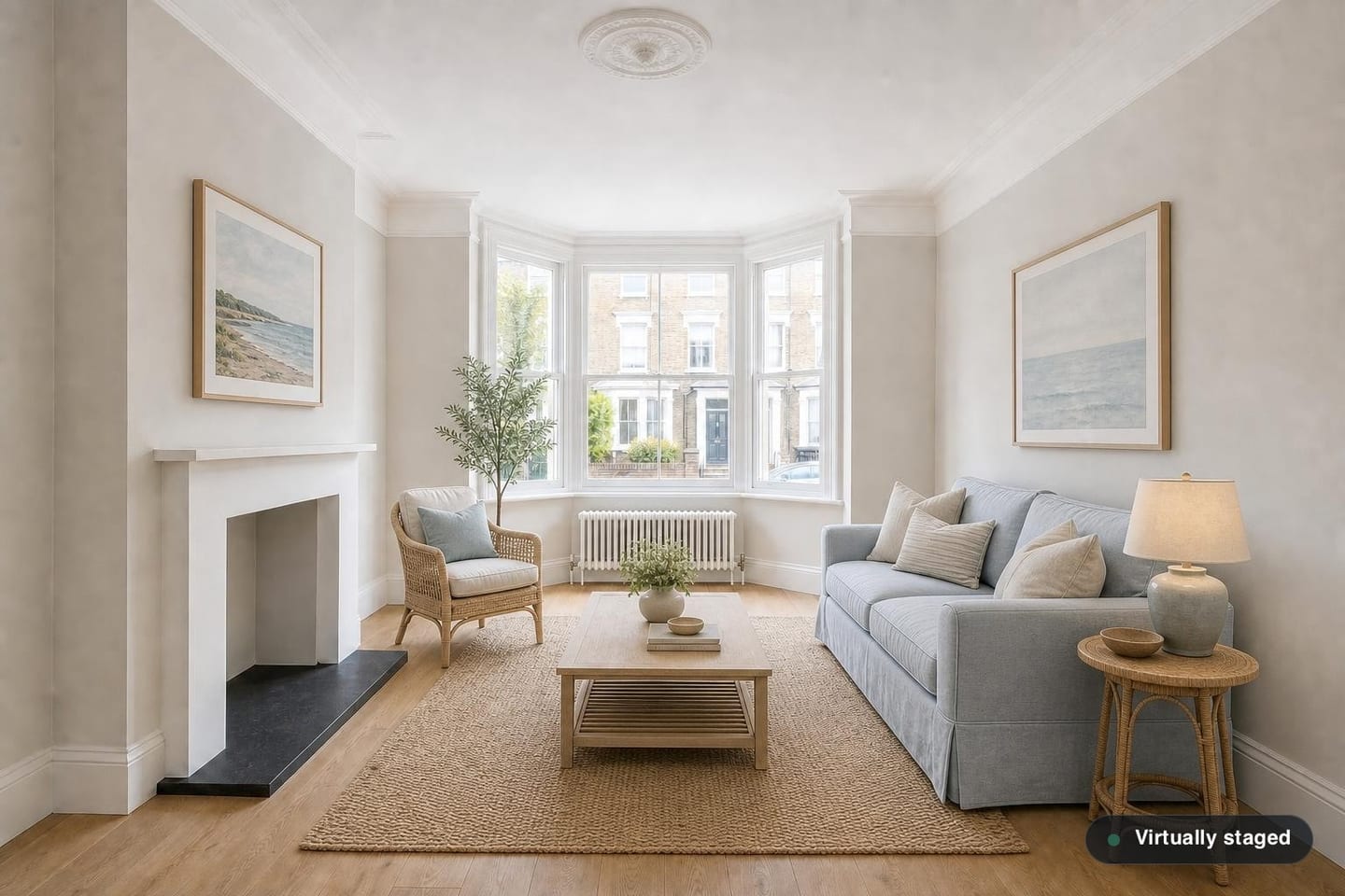 The same empty period living room, shown before and after virtual staging in a Coastal scheme with a slipcovered sofa, pale blue cushions, rattan coffee table and a sailing print — after