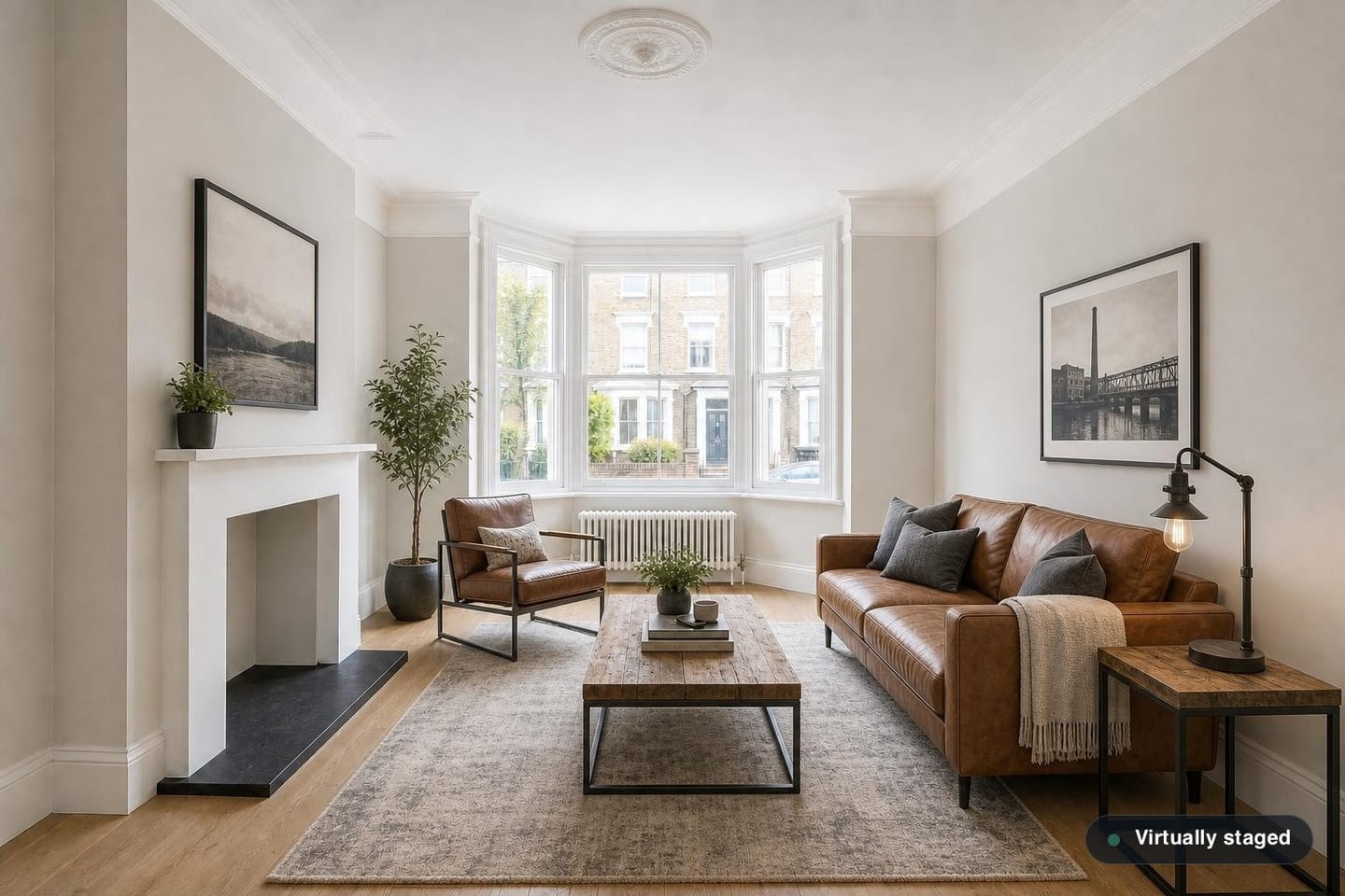 The same empty period living room, shown before and after virtual staging in an Industrial Loft scheme with a tan leather sofa, black steel-framed chair, reclaimed-timber coffee table and a warehouse print — after