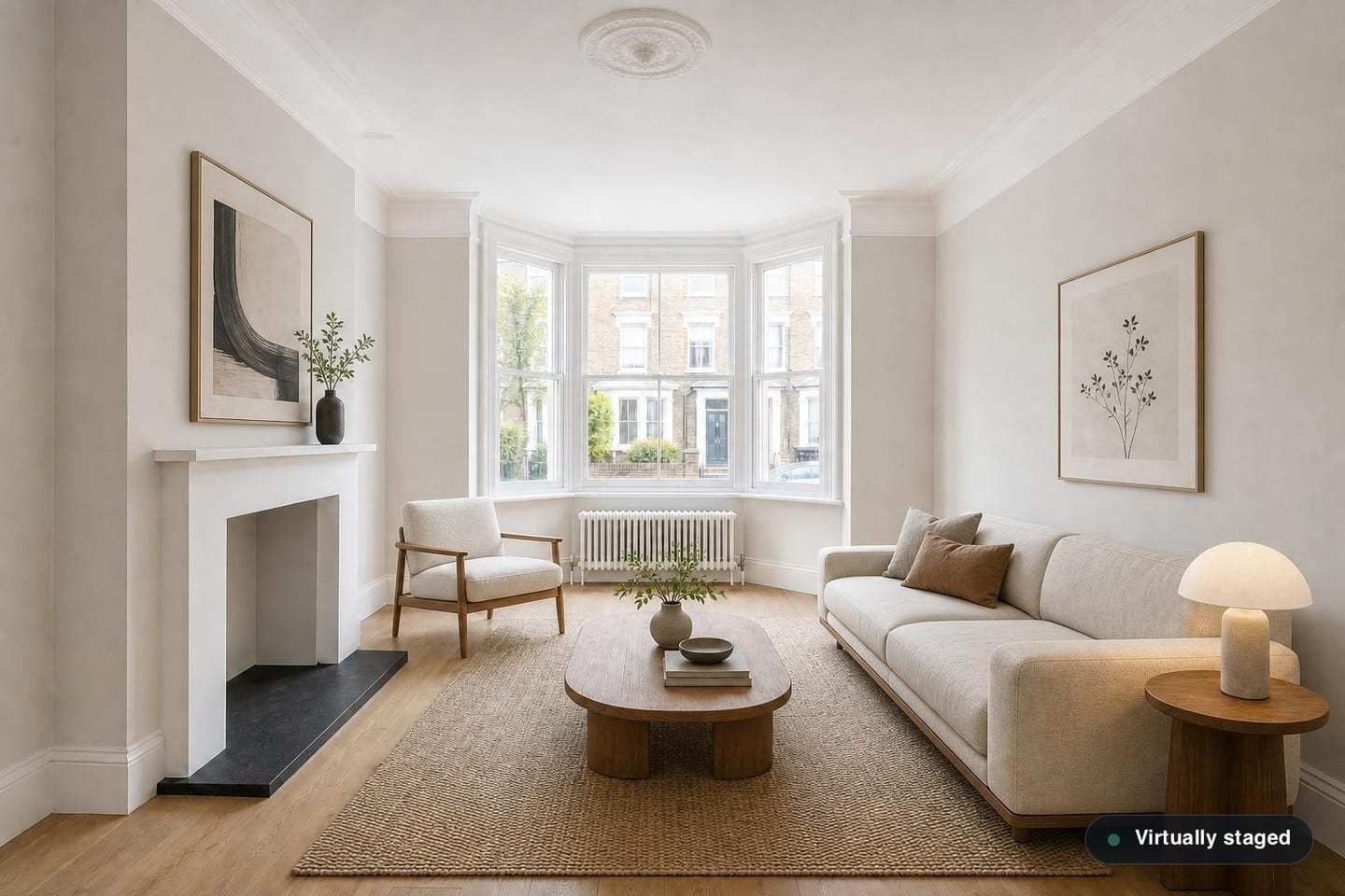 The same empty period living room with its bay window and painted fireplace surround, shown before and after virtual staging in a Japandi scheme with a low cream sofa, oak-framed armchair, round low timber table and restrained styling — after