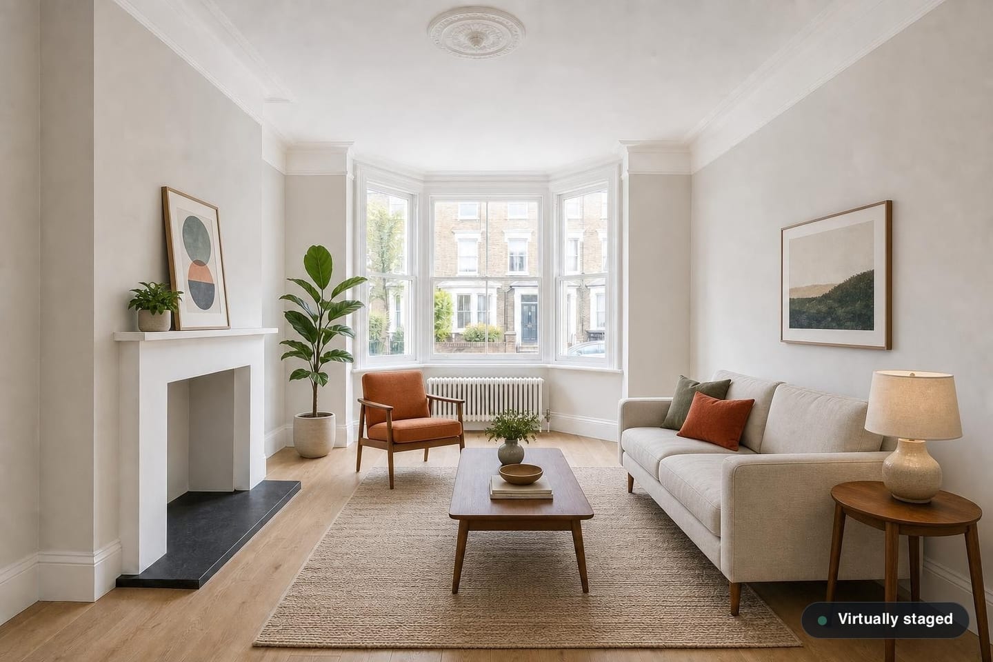 The same empty period living room, shown before and after virtual staging in a Mid-Century scheme with a walnut coffee table on tapered legs, a low sofa and one saturated accent chair — after