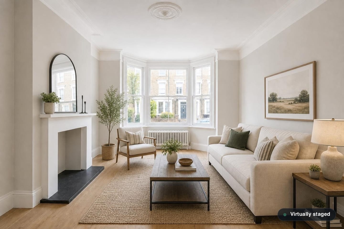 The same empty period living room, shown before and after virtual staging in a Modern Farmhouse scheme with a linen sofa, black-framed timber coffee table, woven rug and a landscape painting — after