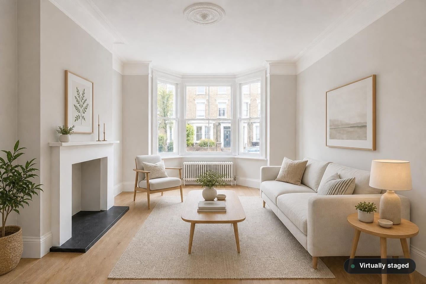 Empty period living room with a three-pane bay window, painted fireplace surround with a slate hearth and a ceiling rose, shown before and after virtual staging in a Scandinavian scheme with a cream sofa, light oak armchair, pale round coffee table and jute rug — after