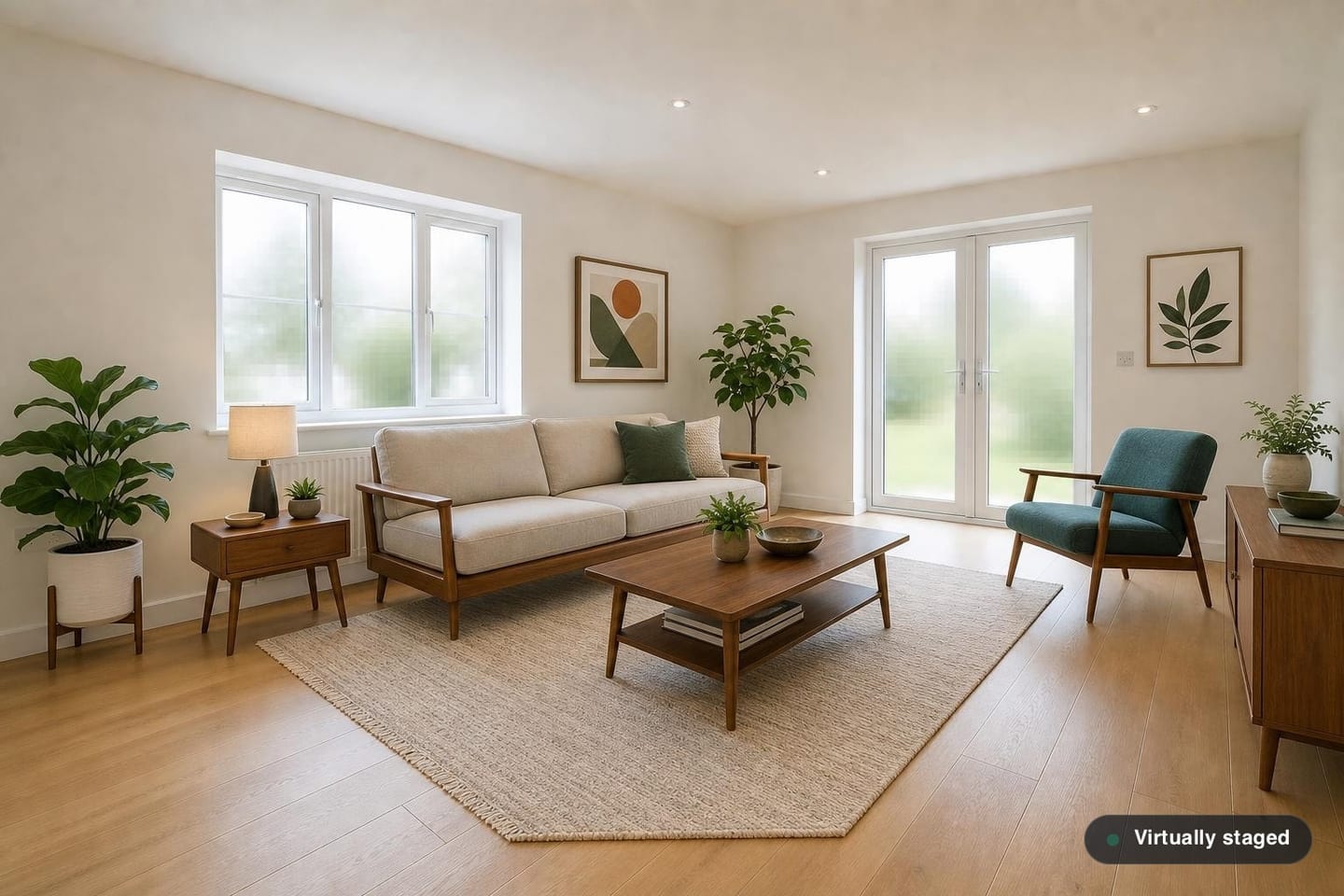 Empty new-build living room with a casement window, French doors onto a garden and oak-effect flooring, shown before and after virtual staging with a walnut-framed sofa, coffee table, sideboard and jute rug — after