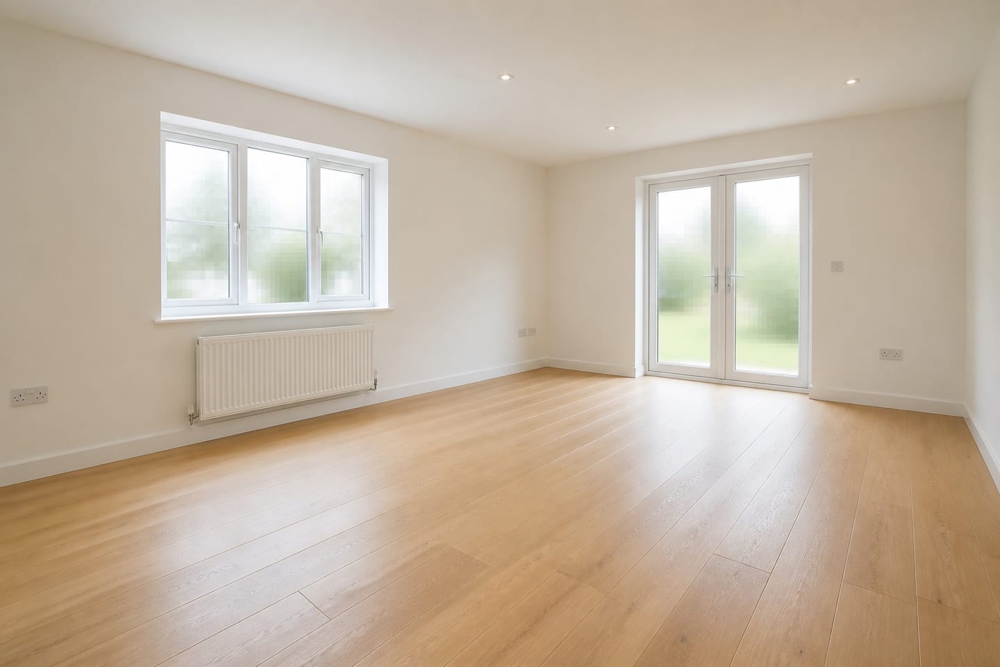Empty new-build living room with a casement window, French doors onto a garden and oak-effect flooring, shown before and after virtual staging with a walnut-framed sofa, coffee table, sideboard and jute rug — before