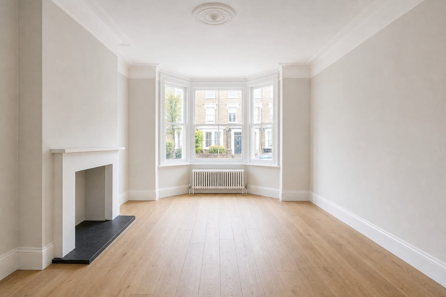 The same empty period living room with its bay window and painted fireplace surround, shown before and after virtual staging in a Japandi scheme with a low cream sofa, oak-framed armchair, round low timber table and restrained styling — before