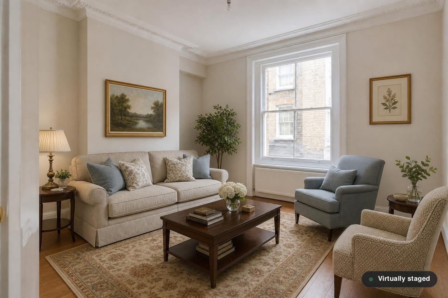 Empty Victorian reception room with cornicing, a chimney-breast alcove and a sash window, shown before and after virtual staging with a sofa, armchairs, a patterned rug and framed art — after