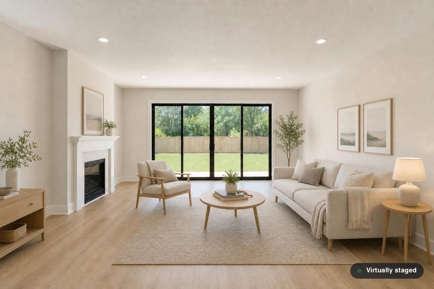 Empty American living room with a wide sliding glass patio door onto a fenced backyard, a white-mantel fireplace, recessed cans and wide-plank flooring, shown before and after virtual staging with a sofa, armchair, round coffee table, console and jute rug — after