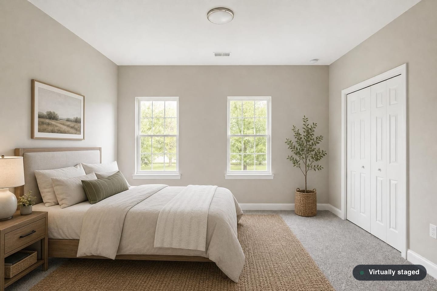 Empty American primary bedroom with two double-hung windows, a reach-in closet with white bifold doors, a ceiling register and grey carpet, shown before and after virtual staging with an upholstered bed, nightstand, lamp and jute rug — after