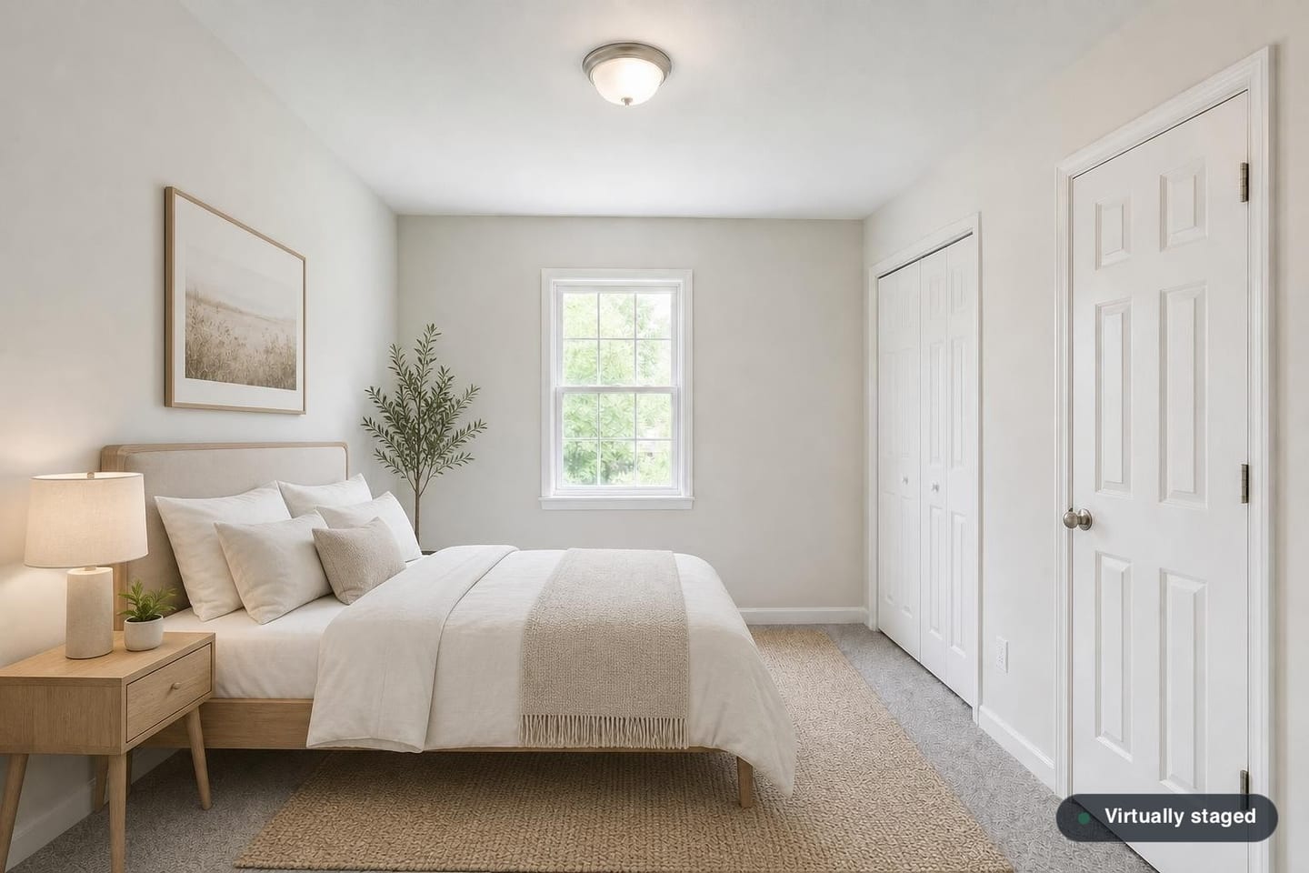 Empty small secondary bedroom in a tract house with one double-hung window, a floor register beneath it, a reach-in closet and hallway door on the same wall, and grey carpet, shown before and after virtual staging with a bed, nightstand, lamp and rug — after