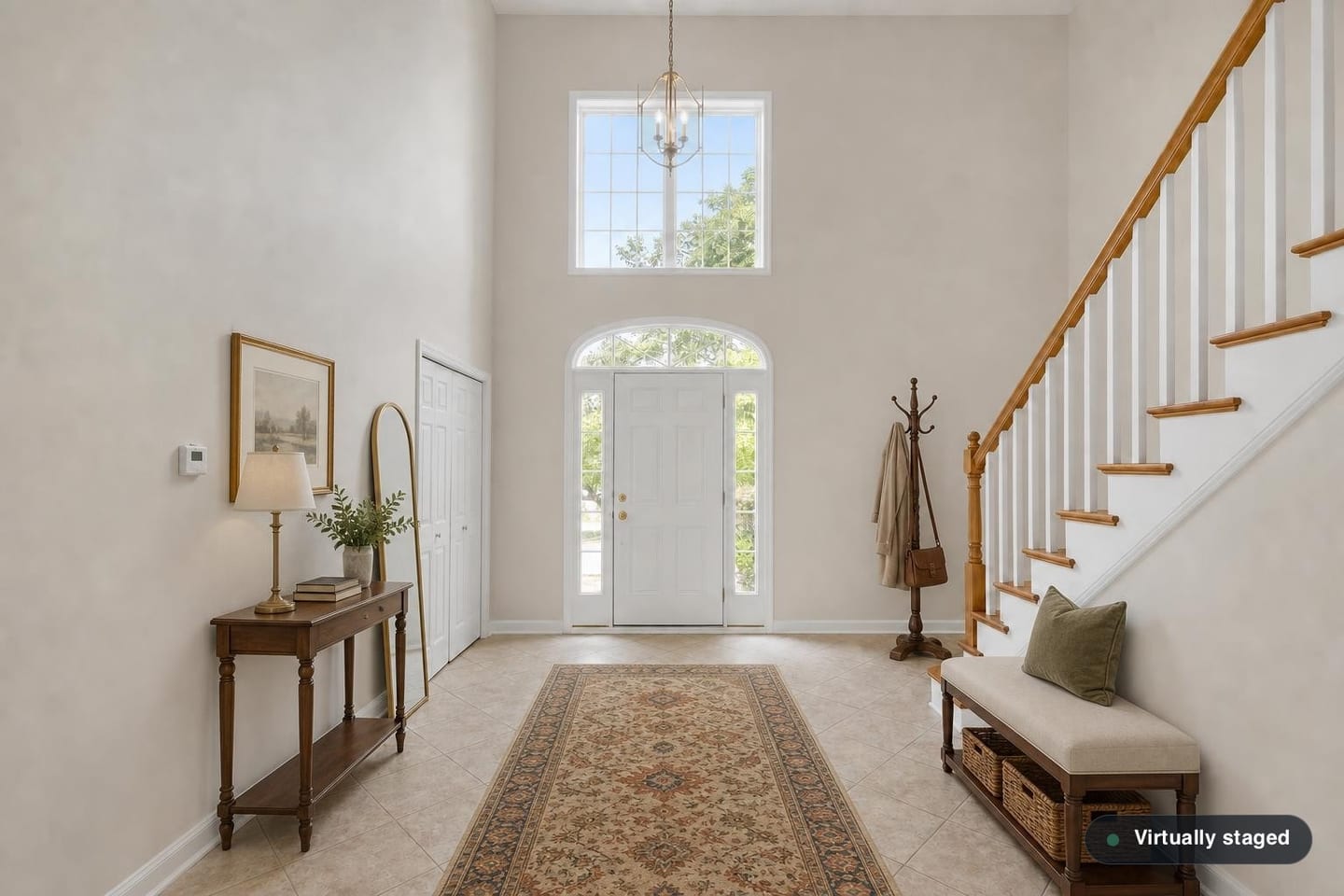 Empty two-story entry foyer with a front door flanked by sidelights under an arched fanlight, a hanging lantern fixture, a staircase with oak treads and white balusters, a bifold coat closet and diagonal tile flooring, shown before and after virtual staging with a console table, lamp, leaning mirror, coat stand, a bench with baskets and a runner — after