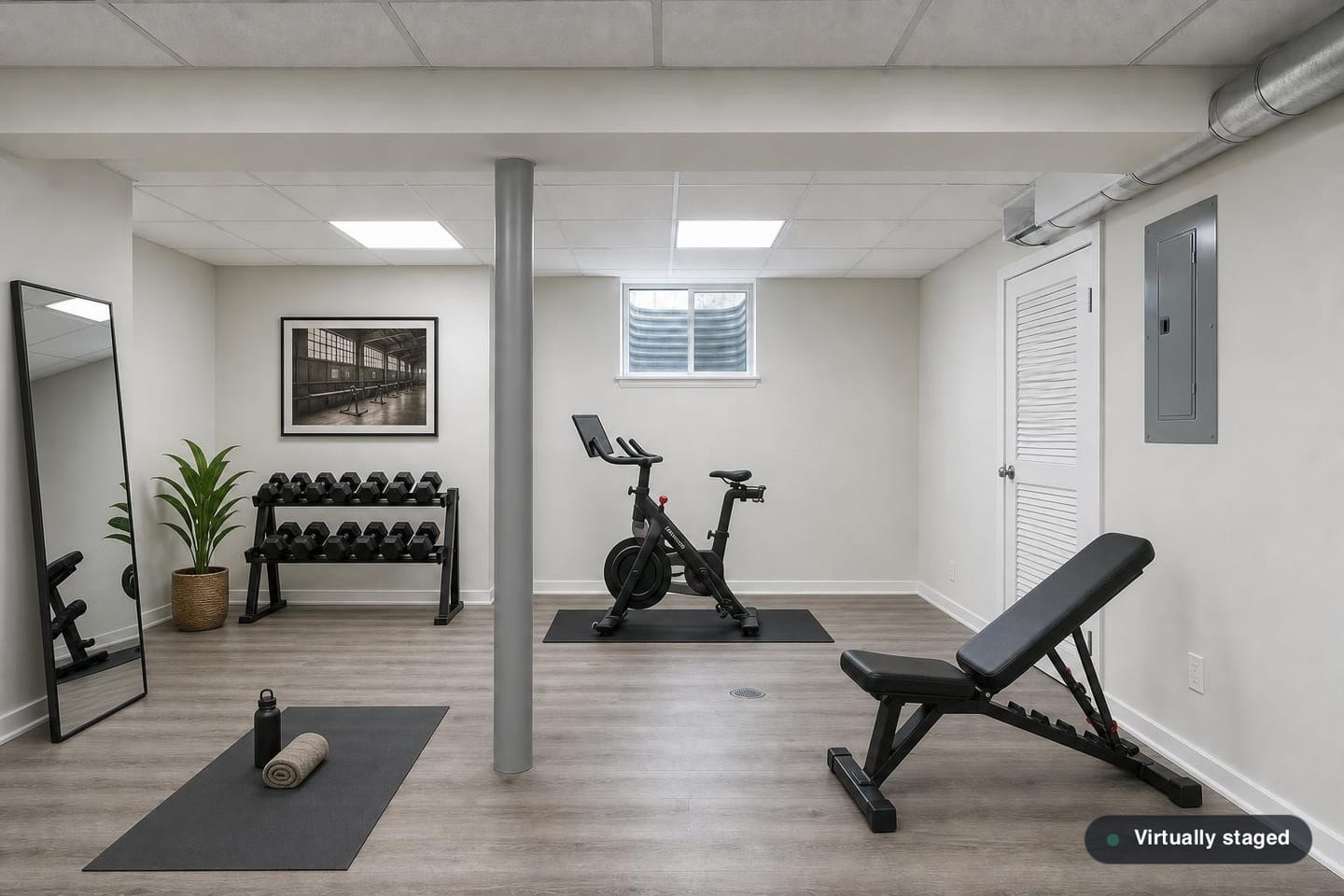 Empty finished basement with a steel lally column, a boxed ceiling bulkhead, exposed round ductwork, a louvered mechanical closet, an electrical panel and an egress window with a corrugated window well, shown before and after virtual staging with an exercise bike, weight bench, dumbbell rack, mat and leaning mirror — after