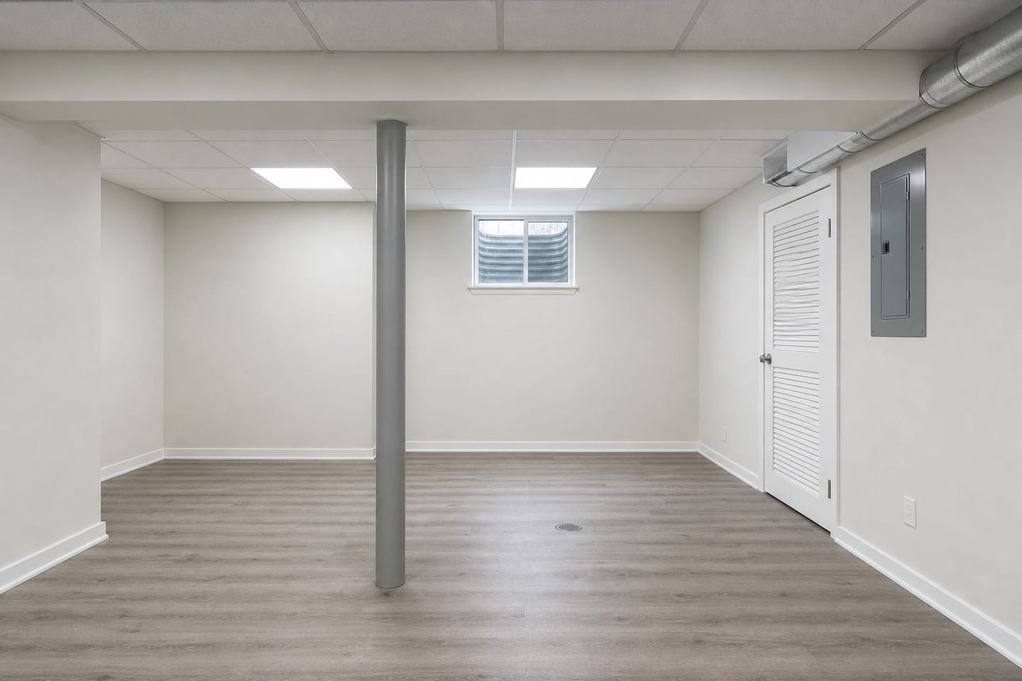 Empty finished basement with a steel lally column, a boxed ceiling bulkhead, exposed round ductwork, a louvered mechanical closet, an electrical panel and an egress window with a corrugated window well, shown before and after virtual staging with an exercise bike, weight bench, dumbbell rack, mat and leaning mirror — before