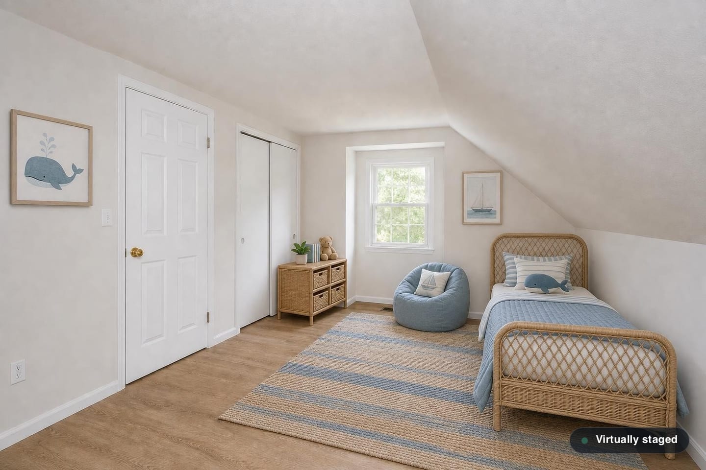 Empty small upstairs bedroom with a ceiling sloping to a knee wall, a dormer window, a reach-in closet with sliding doors and wood-look laminate flooring, shown before and after virtual staging with a single twin bed, toy storage, a floor cushion and a striped rug — after