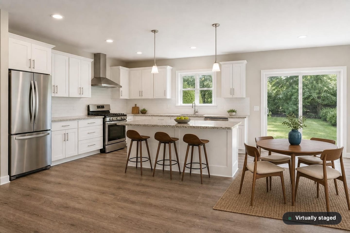 Empty American kitchen with white shaker cabinets, granite countertops, a stainless range and hood, an undermount sink under a double-hung window and a flush-height island, shown before and after virtual staging with counter stools, a round nook table and chairs — after