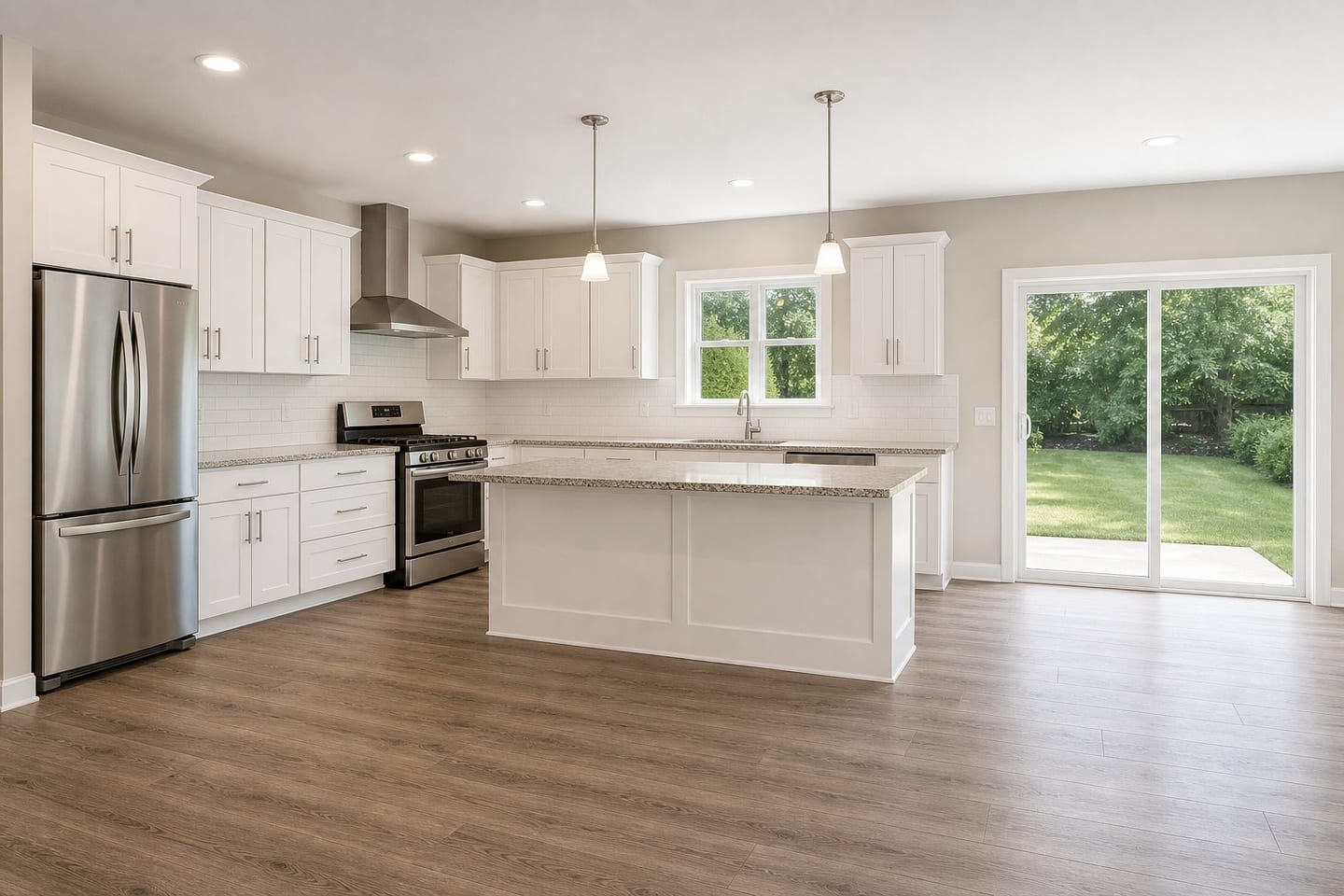 Empty American kitchen with white shaker cabinets, granite countertops, a stainless range and hood, an undermount sink under a double-hung window and a flush-height island, shown before and after virtual staging with counter stools, a round nook table and chairs — before
