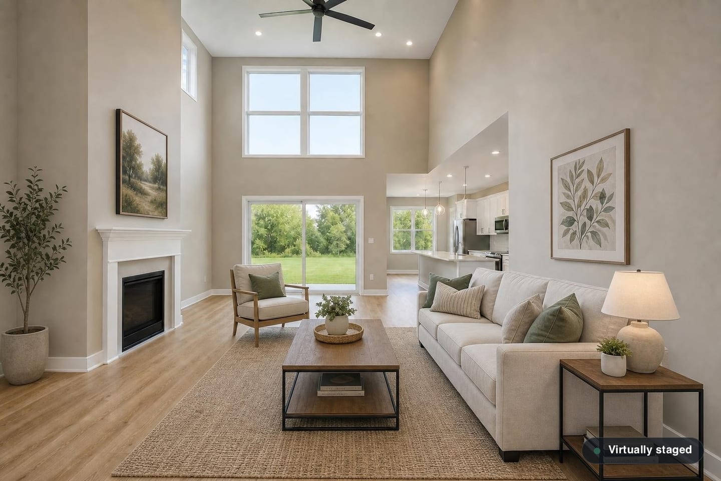 Empty two-story family room open to a kitchen, with a stacked clerestory window above a patio slider, a white-mantel fireplace, a ceiling fan and an empty island beyond the half-wall, shown before and after virtual staging with a sofa, armchair, coffee table and rug — after