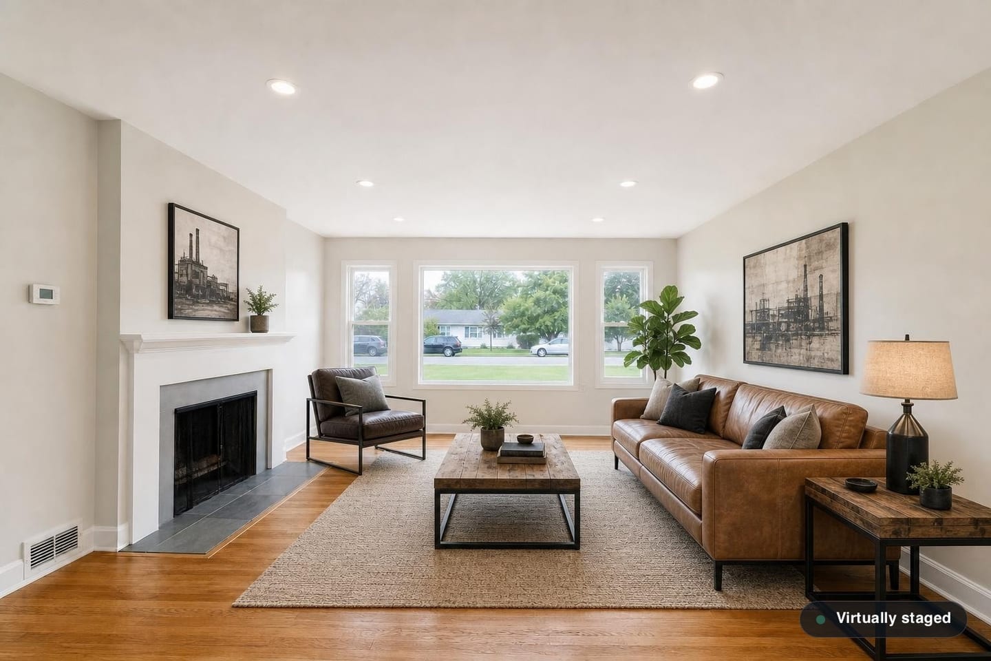 The same empty ranch front living room, shown before and after virtual staging in an Industrial Loft scheme with a tan leather sofa, a black steel-framed armchair, a reclaimed-timber coffee table on a steel base and framed factory prints — after