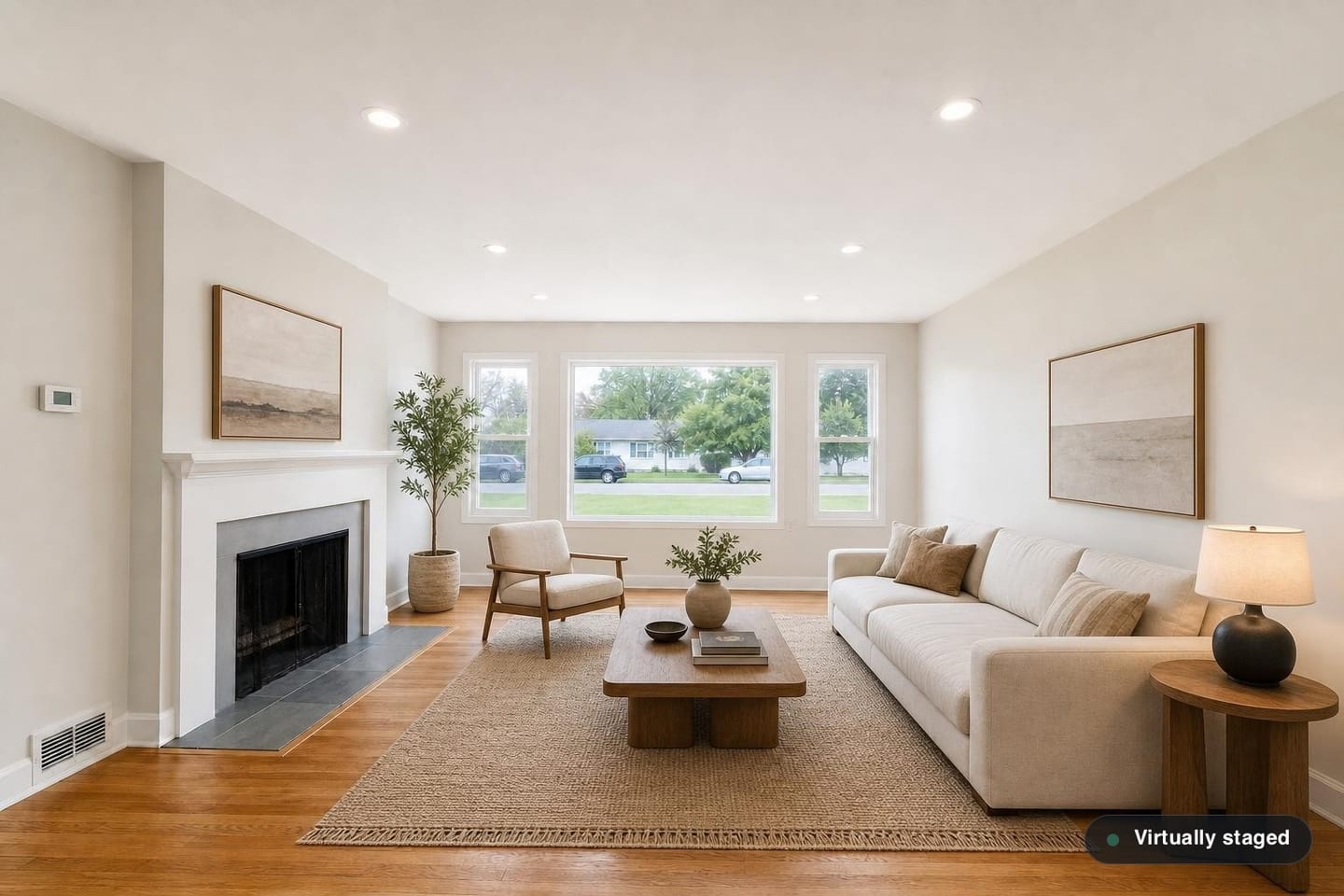 The same empty ranch front living room with its picture window and slate-hearth fireplace, shown before and after virtual staging in a Japandi scheme with a low cream sofa, oak-framed chair, long low timber table and a single ceramic lamp — after