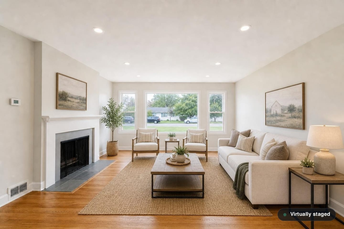 The same empty ranch front living room, shown before and after virtual staging in a Modern Farmhouse scheme with a linen sofa, a pair of woven accent chairs, a black-framed timber coffee table and a jute rug — after