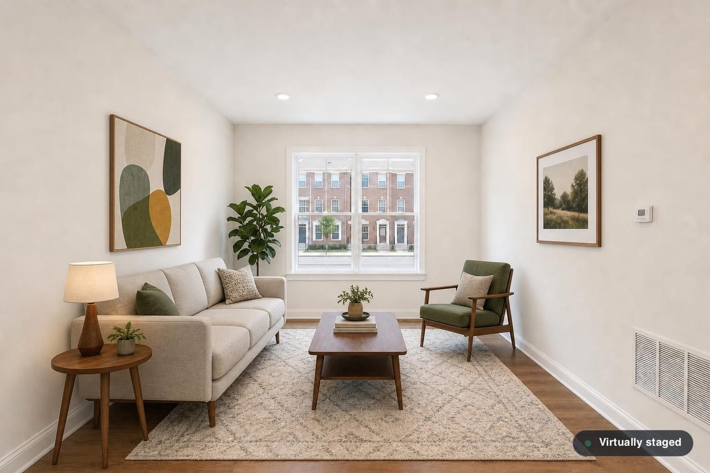 Empty narrow townhome living room with one window looking onto matching brick townhomes across the street, a wall return grille, a thermostat and engineered wood flooring, shown before and after virtual staging with a sofa, armchair, walnut coffee table and side table — after